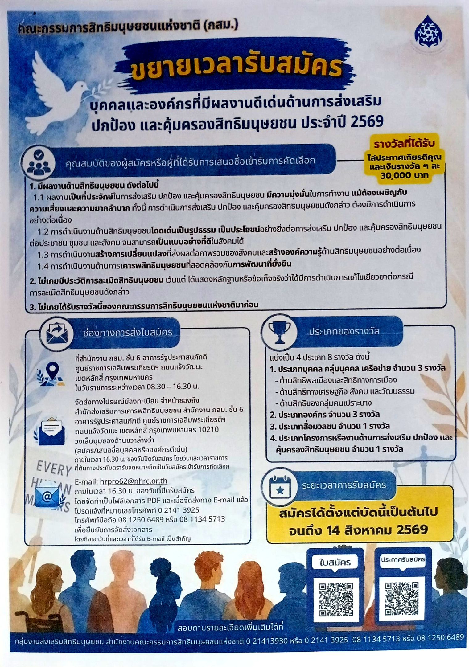 ขยายเวลารับสมัคร บุคคลและองค์กรที่มีผลงานดีเด่นการส่งเสริม ปกป้อง และคุ้มครองสิทธิหนุษยชน ประจำปี 2569