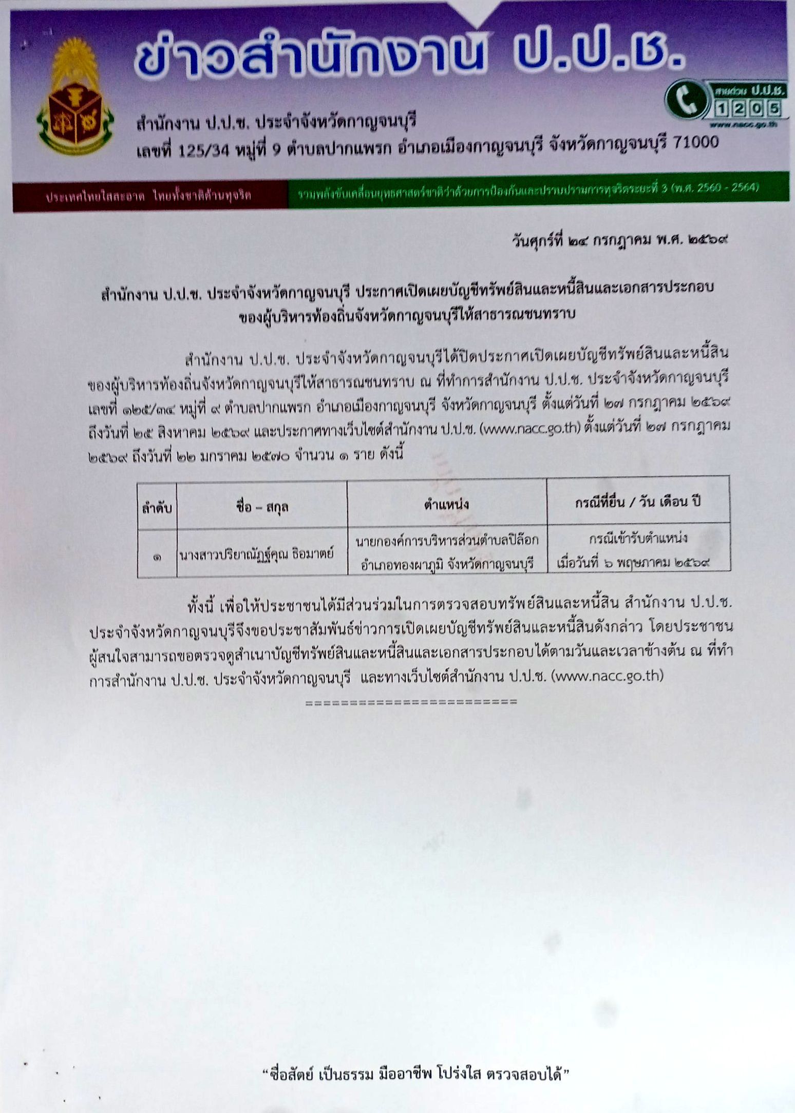 สำนักงาน ป.ป.ช. ประจำจังหวัดกาญจนบุรี ประกาศเปิดเผยบัญชีทรัพยืสินของผู้บริหารท้องถิ่นจังหวัดกาญจนบุรี