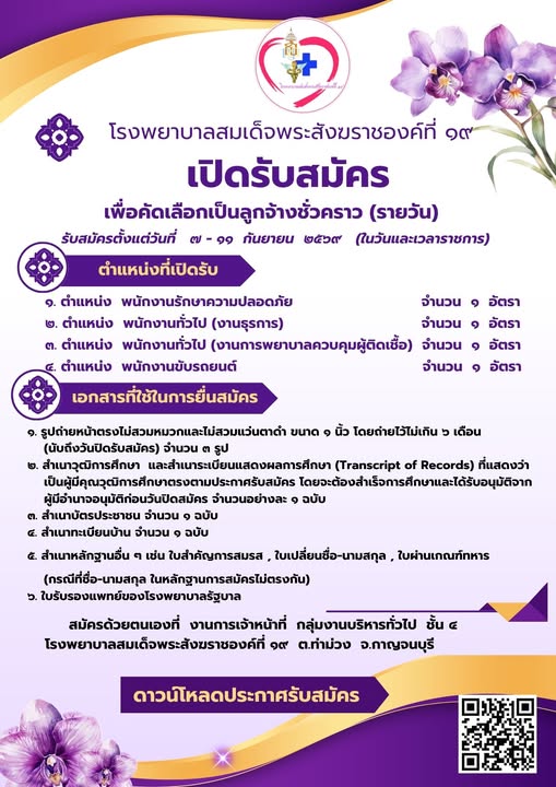 โรงพยาบาลสมเด็จพระสังฆราชองค์ที่ ๑๙ ประกาศรับสมัครลูกจ้างชั่วคราวรายวัน จำนวน ๔ ตำแหน่ง